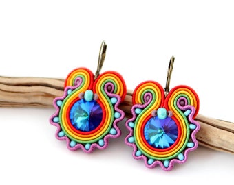 Rainbow earrings, colorful dangle drop earrings, multicolor earrings, pride jewelry, soutache earrings