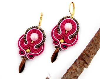 Hot pink earrings, pink soutache, fuchsia drop earrings, gift for her, women gift