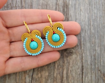 Mustard and turquoise drop earrings, honey color earrings , soutache jewelry