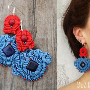 Red and blue soutache earrings, chandelier earrings, red and blue dangle earrings, lapis lazuli earrings