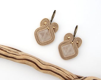 Cream drop earrings, rose quartz earrings, beige earrings, soutache jewelry