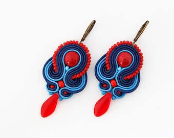 Blue and red drop earrings, soutache jewelry, gift for her, women gift