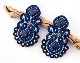 Blue soutache earrings, blue native earrings, blue dangle earrings, bohemian earrings