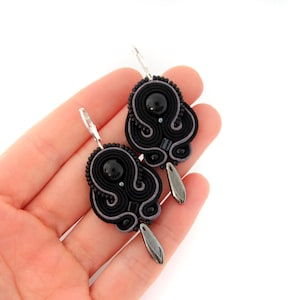 Black and grey drop earrings, black drop soutache earrings