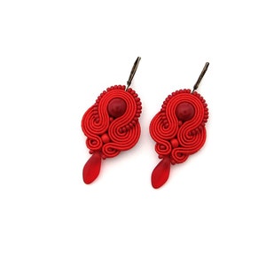 Red embroidered earrings, red dangle drop earrings, red soutache