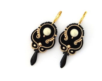Black and gold drop earrings, black soutache earrings