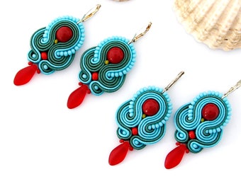 Teal beaded earrings, teal and red earrings, emerald earrings, teal blue earrings, women gift
