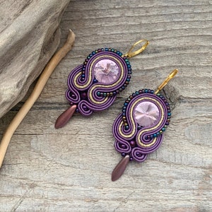 Purple and gold soutache earrings, purple drop earrings, violet jewelry