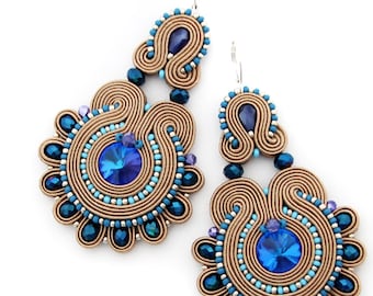 Beige and blue soutache earrings, blue chandelier earrings, statement soutache earrings, gift for her