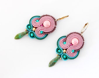 Pink and teal dangling earrings, light pink earrings, pink soutache jewelry