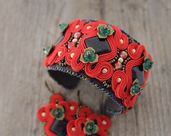 Red soutache bracelet with black stones, red beaded cuff, red jewelry set, statement bracelet