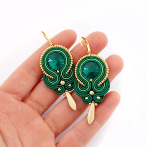 Green and gold earrings, green drop earrings, green soutache earrings, green jewelry