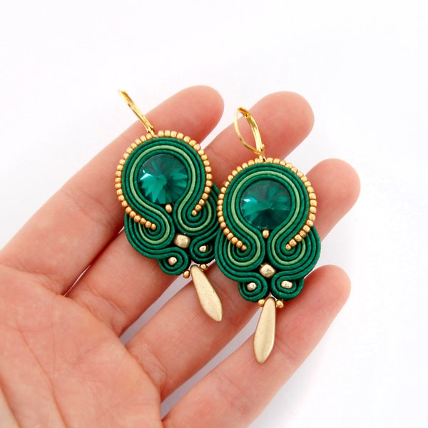 Green and gold earrings, green drop earrings, green soutache earrings, green jewelry