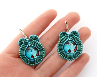 Face earrings, Emerald green drop earrings, Modern art earrings