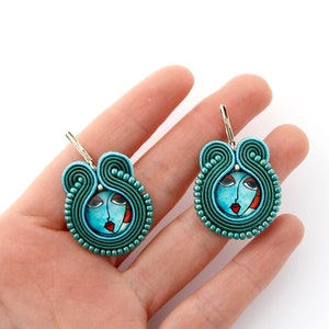 Face earrings, Emerald green drop earrings, Modern art earrings