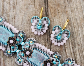 Grey and turquoise drop earrings, small grey and pink soutache earrings, soutache embroidery