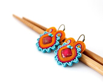 Colorful soutache earrings, pink orange and blue drop earrings, native earrings