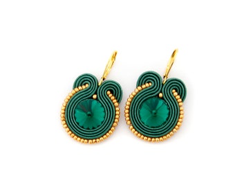 Emerald and gold earrings, emerald green beaded earrings, soutache jewelry, emerald crystal earrings