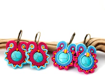 Orecchini soutache rosa e blu, orecchini pendenti colorati, orecchini vivaci