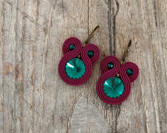 Burgundy red earrings, dark red drop earrings, burgundy jewelry, red and green earrings, wine red earrings