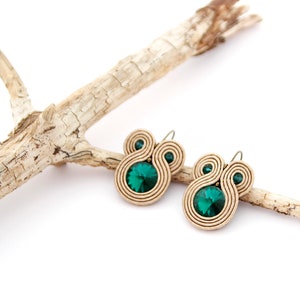 Beige and green earrings, beige soutache earrings, green crystal earrings, soutache jewelry