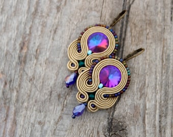 Beige and purple soutache earrings, colorful earrings, purple rivoli earrings