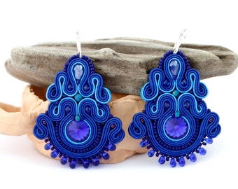 Royal blue soutache earrings, blue chandelier earrings, big blue earrings, blue soutache jewelry