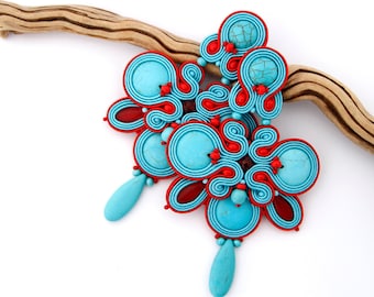 Turquoise and red soutache earrings, long turquoise earrings, turquoise and red chandelier earrings