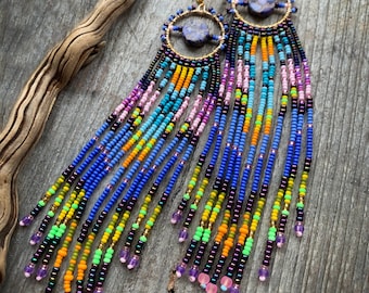 Colorful fringe earrings, long bohemian earrings