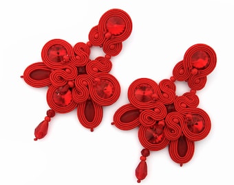 Red chandelier earrings, red crystal dangle earrings, shiny red evening earrings, bohemian dangle earrings