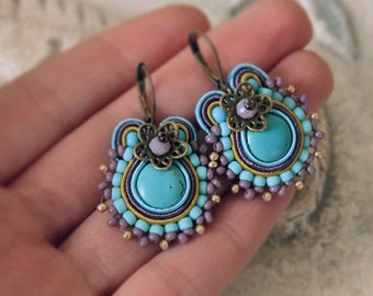 Turquoise soutache earrings, turquoise earrings, soutache earrings, turquoise beaded earrings, soutache jewelry, drop soutache earrings