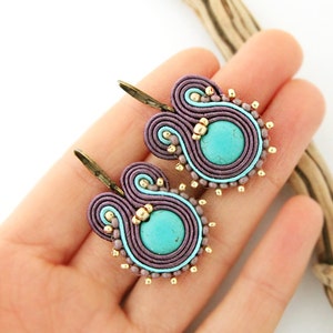 Turquoise soutache earrings, purple drop earrings, soutache jewelry