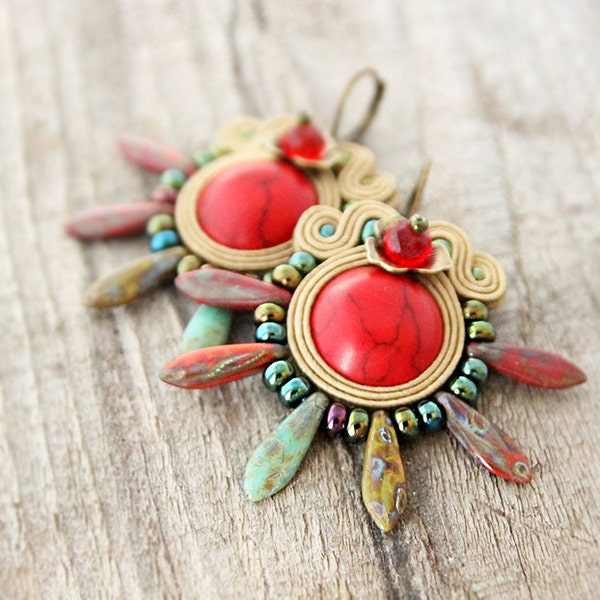 Red spike earrings, red boho earrings, spiky bohemian earrings, soutache jewelry, boho jewelry, thorny earrings