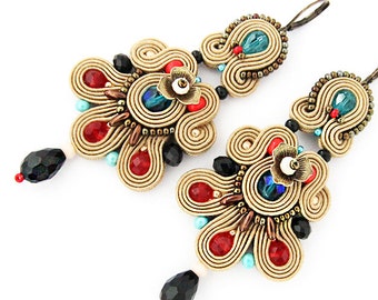 Pendientes largos de soutache marrón, pendientes colgantes boho coloridos, pendientes de araña grandes, pendientes de declaración soutache