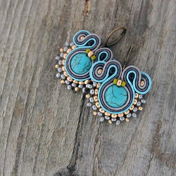 Turquoise beaded earrings, turquoise earrings, soutache earrings, turquoise boho earrings, soutache jewelry, drop soutache earrings