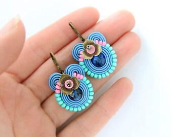 Small blue drop earrings, soutache earrings, blue pink summer earrings