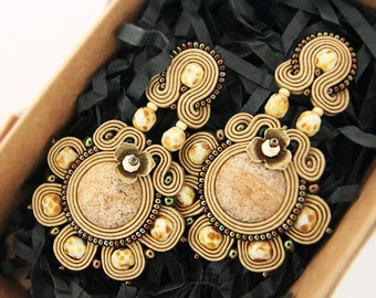 Light brown chandelier earrings with jasper stones, soutache long earrings