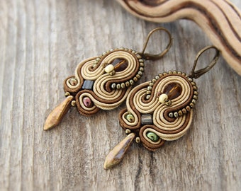 Brown beaded earrings, Brown soutache, Vintage style earrings, Light brown drop earrings, hazel earrings