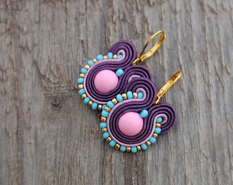 Purple Pink Soutache Earrings with Blue and Gold Beads