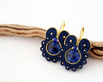 Blue and gold dangle drop earrings, dark blue earrings, gift for her, soutache earrings