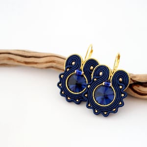 Blue and gold dangle drop earrings, dark blue earrings, gift for her, soutache earrings