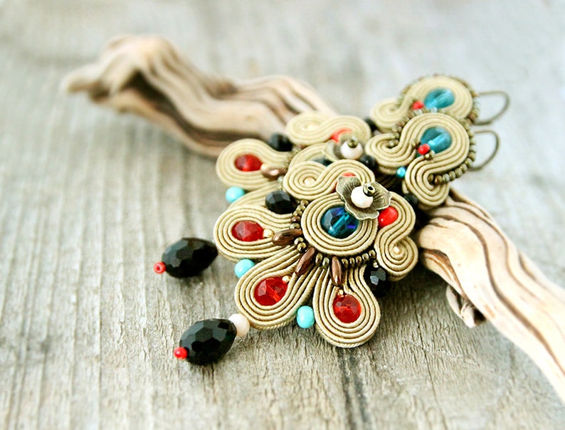 statement soutache earrings bohemian colorful dangle earrings large chandelier earrings Long brown soutache earrings