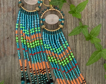 Long colorful fringe earrings, turquoise beaded earrings
