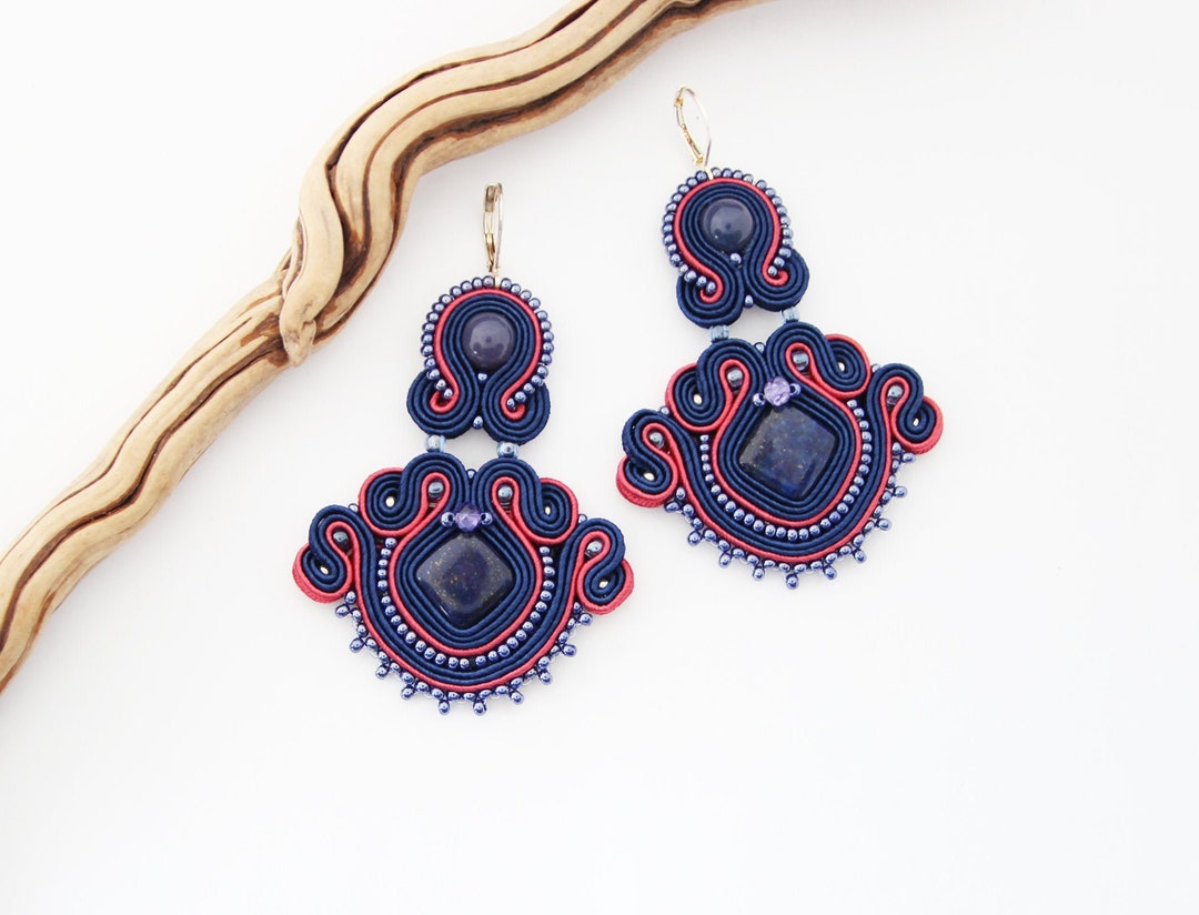 Navy Blue and Raspberry Red Earrings With Natural Stones, Blue and Red ...