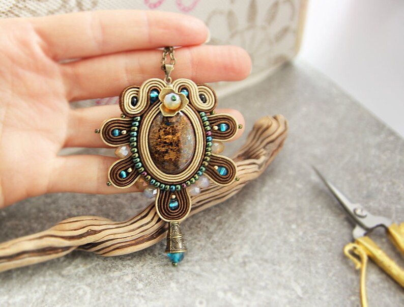 brown necklace brown accessories Brown pendant necklace brown embroidered pendant soutache jewelry brown soutache pendant