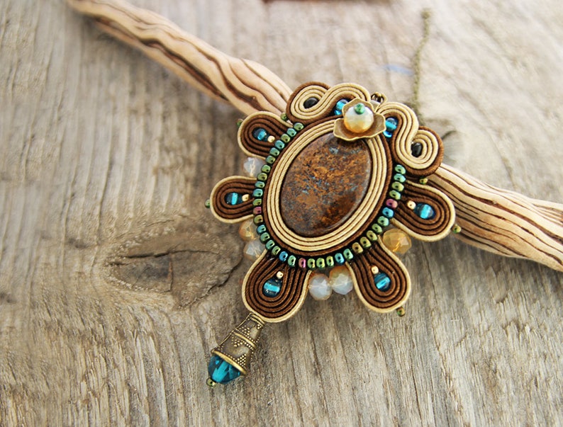 brown necklace brown accessories Brown pendant necklace brown embroidered  pendant soutache jewelry brown soutache pendant