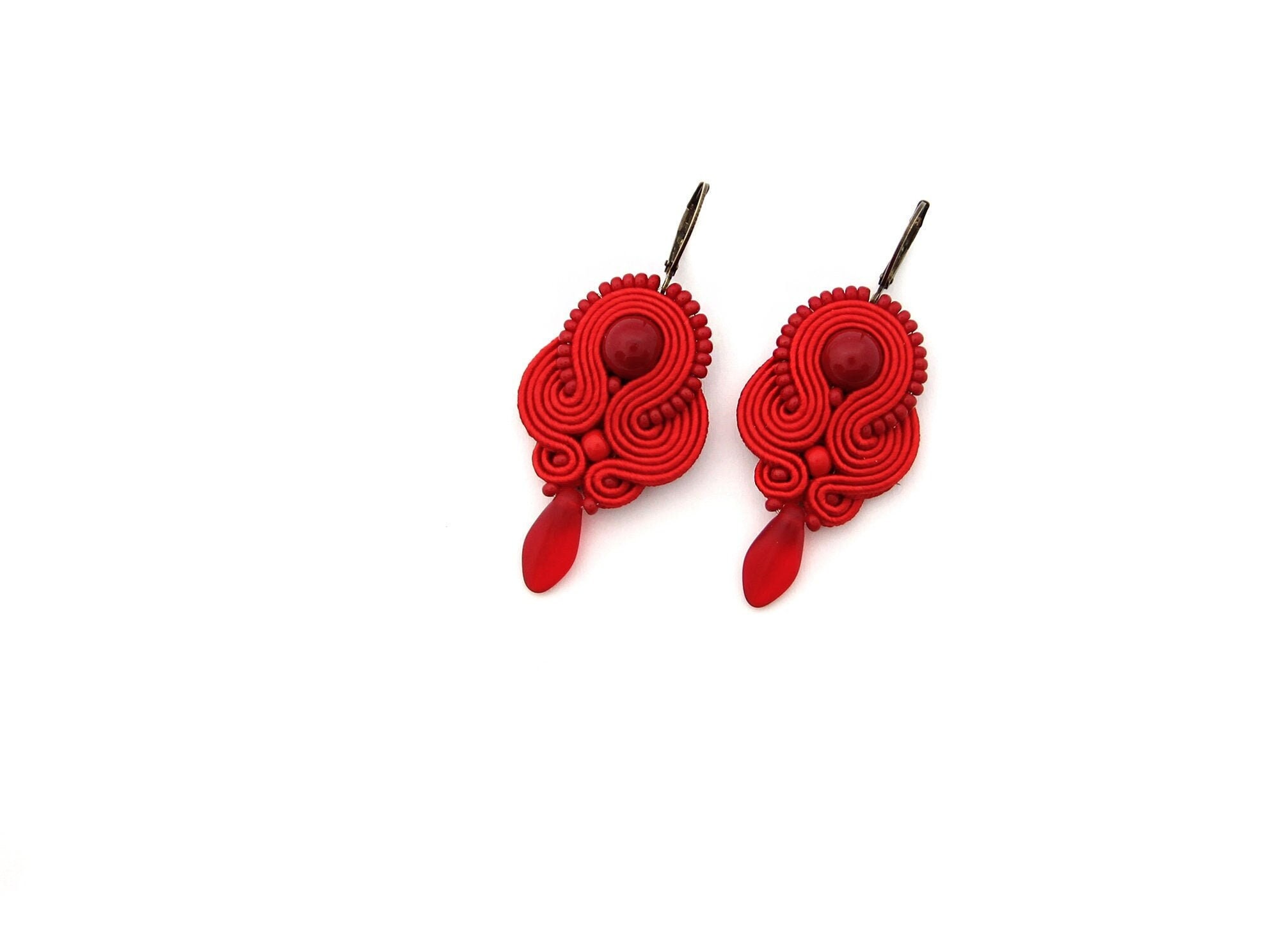 Red embroidered earrings, red dangle drop earrings, red soutache