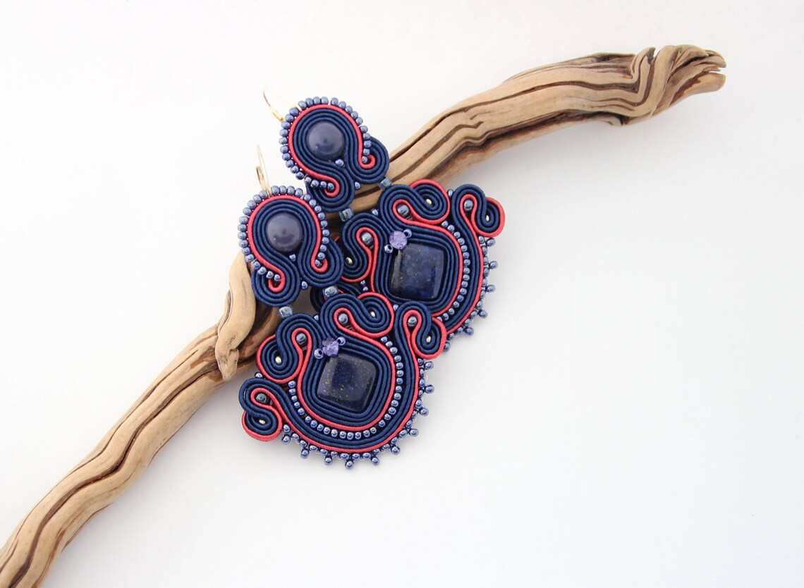 Navy blue and raspberry red earrings with natural stones blue | Etsy