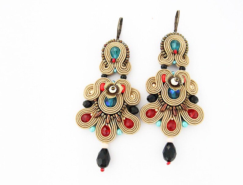 statement soutache earrings bohemian colorful dangle earrings large chandelier earrings Long brown soutache earrings
