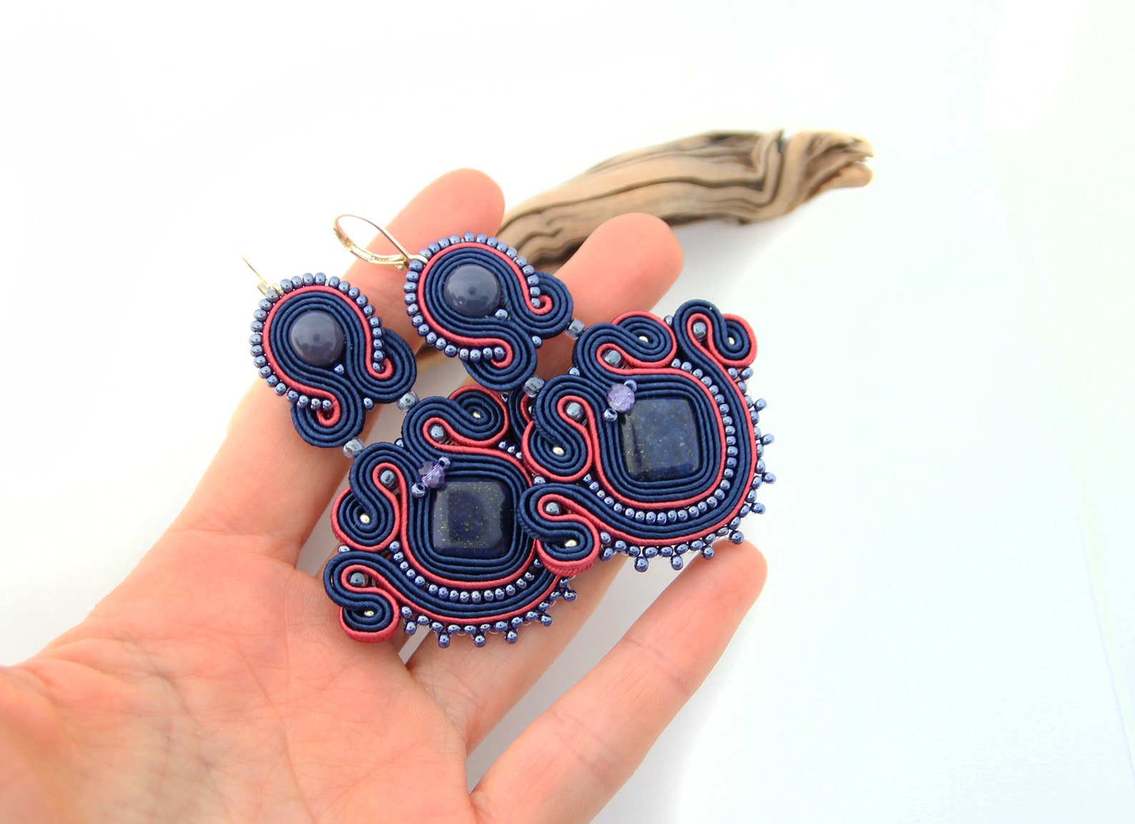 Navy Blue and Raspberry Red Earrings With Natural Stones Blue | Etsy